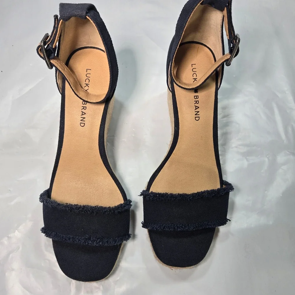 Sandals Wedge Shoes Womens Lucky Brand Menika Navy Blue Canvas Espadrille 8M